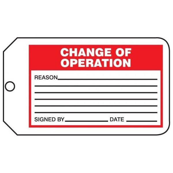 Accuform Safety Tags, CHANGE OF OPERATION, 5.75in x 3.25in, RP-Plastic, 25PK MMT334PTP - main